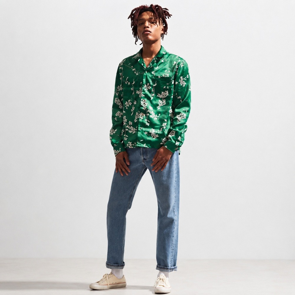 Urban Outfitters Green Satin Floral Button Down L Vintage Retro Inspo Maximalist